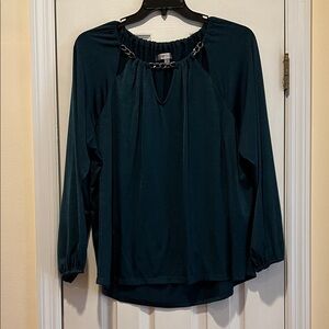 Jennifer Lopez Teal Long-Sleeve Keyhole Top with Chain Detail